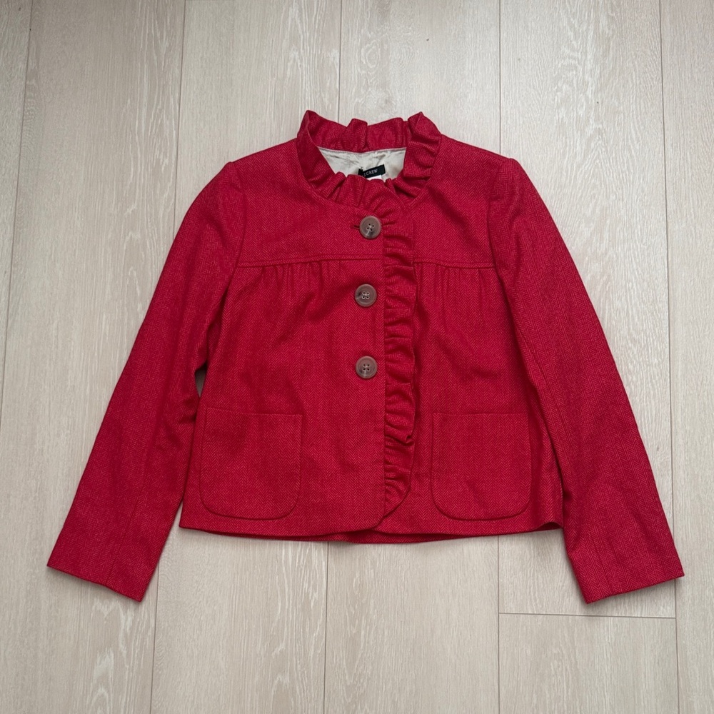 J. Crew Red Ruffle Button Jacket